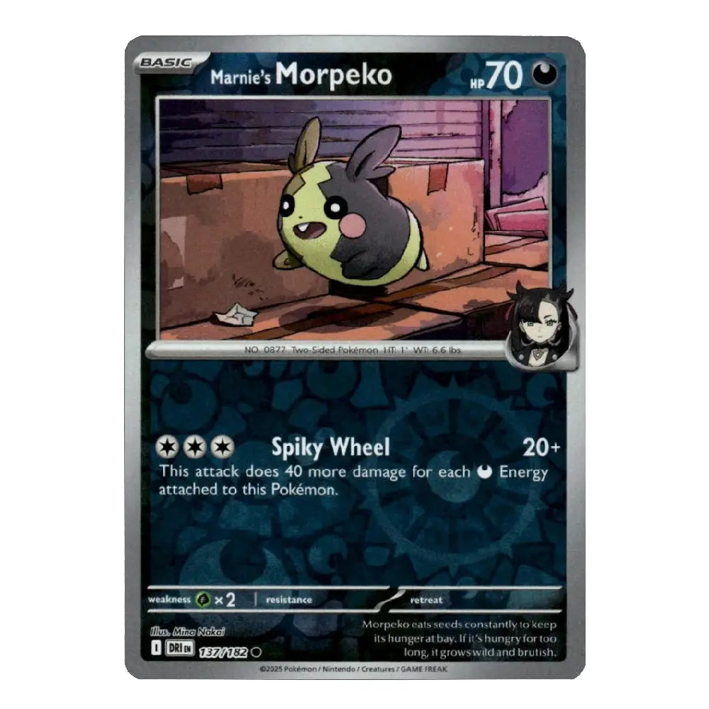 A single Pokémon trading card for Marnie's Morpeko from the Basic set, shown against a plain white background. The card features artwork of the Morpeko character and game text including 'Spiky Wheel' and '20+'.