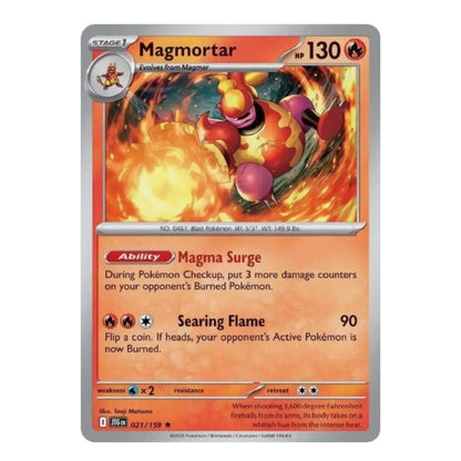 A single Pokémon trading card for Magmortar, shown against a plain white background. The card features artwork of a fiery red and orange creature with flames, and text detailing its abilities and stats.
