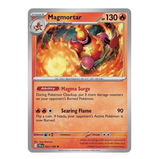 A single Pokémon trading card for Magmortar, shown against a plain white background. The card features artwork of a fiery red and orange creature with flames, and text detailing its abilities and stats.