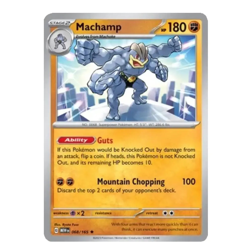 A single Pokémon trading card for Machamp, shown front-facing on a plain white background. The card has a silver border, orange text boxes, and artwork of the Pokémon in the center.