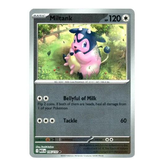 A single Pokémon trading card for Miltank from the Basic set, shown against a plain white background. The card features a silver border, a gray text area, and artwork of a pink-and-black cow-like character in a green field.