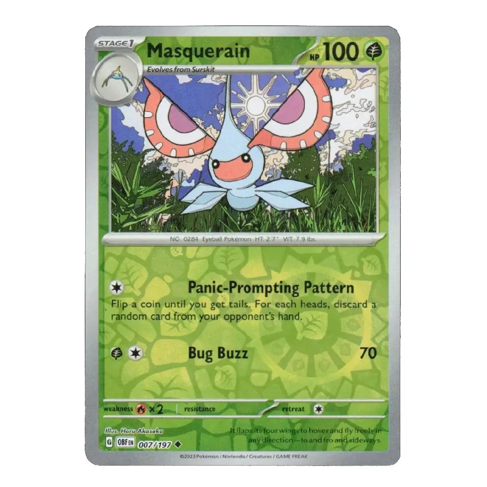 A single Pokémon trading card for Masquerain, shown flat against a plain white background. The card has a green and silver border with artwork of a blue, pink, and white insect-like creature in the center.