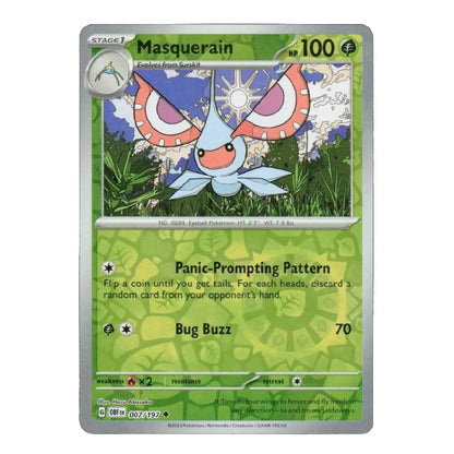 A single Pokémon trading card for Masquerain, shown flat against a plain white background. The card has a green and silver border with artwork of a blue, pink, and white insect-like creature in the center.