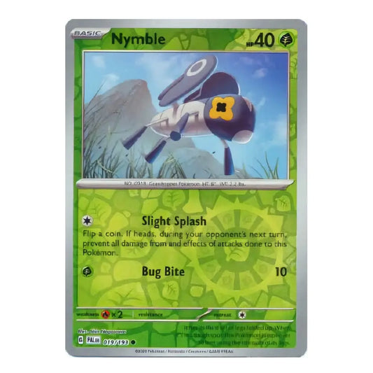 A single Pokémon trading card for Nymble from the Basic set, shown against a plain white background. The card has a green and yellow-green design with artwork of a small bug-like creature in a pond.