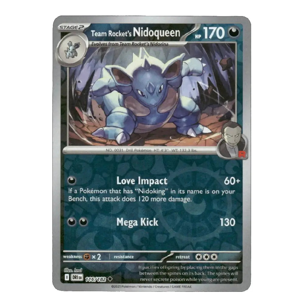 A single Pokémon trading card for Team Rocket's Nidoqueen, shown against a plain white background. The card features artwork of the blue creature, game text, and standard trading card layout with a gray border.