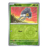 A single Pokémon trading card for Nymble from the Grasspucker set, shown flat against a plain white background. The card has a green gradient lower half, a red-and-yellow illustrated battle scene on the upper half, and a silver border.