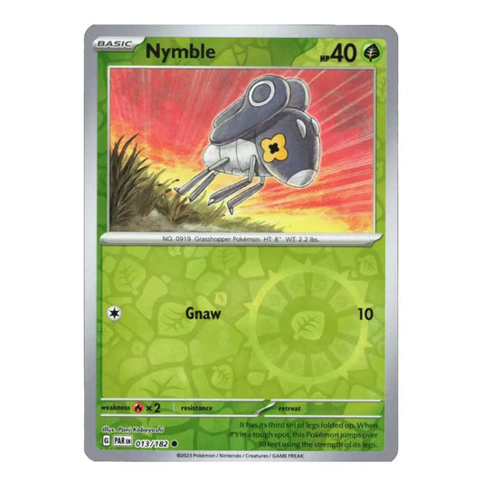 A single Pokémon trading card for Nymble from the Grasspucker set, shown flat against a plain white background. The card has a green gradient lower half, a red-and-yellow illustrated battle scene on the upper half, and a silver border.
