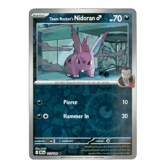 A single Pokémon trading card for Team Rocket's Nidolan, shown against a plain white background. The card has a dark blue patterned design with a silver-gray border and a central illustration of the pink-purple Nidolan character.