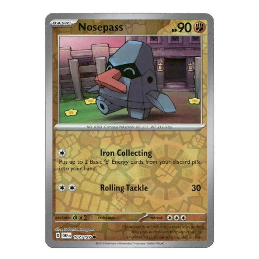 A single Pokémon trading card for Nosepass from the Basic set, shown against a plain white background. The card features a silver border, a tan and brown textured lower section, and artwork of a blue-gray dog with a red nose.