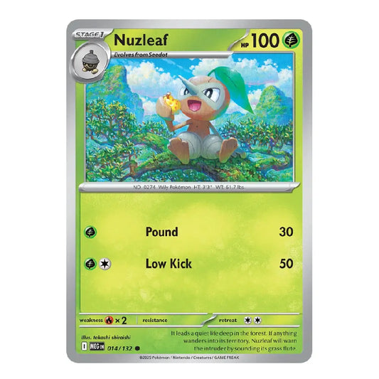 A single Pokémon trading card for Nuzleaf, shown flat against a plain white background. The card has a silver border, a green-to-yellow gradient lower section, and artwork of Nuzleaf in a forest above.