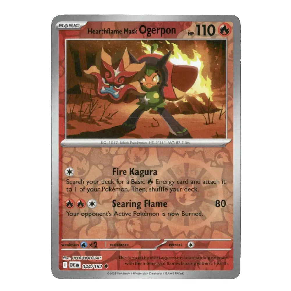 A single Pokémon trading card for Hearthflame Mask Ogerpon from the Basic set, featuring artwork of a fire-themed character with a dragon and orange-red card art, shown against a plain white background.