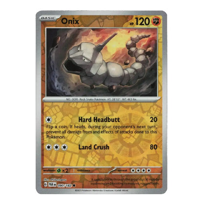 A single Pokémon trading card for Onix, shown straight-on against a plain white background. The card has a silver border, a fiery orange and yellow background, and an illustration of a gray rock creature in the center.