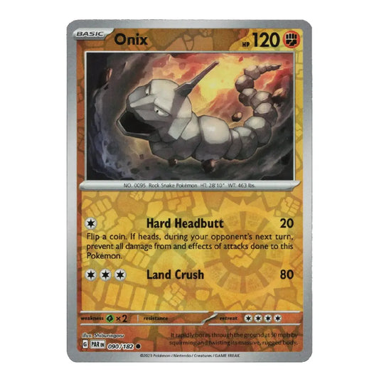 A single Pokémon trading card for Onix, shown straight-on against a plain white background. The card has a silver border, a fiery orange and yellow background, and an illustration of a gray rock creature in the center.