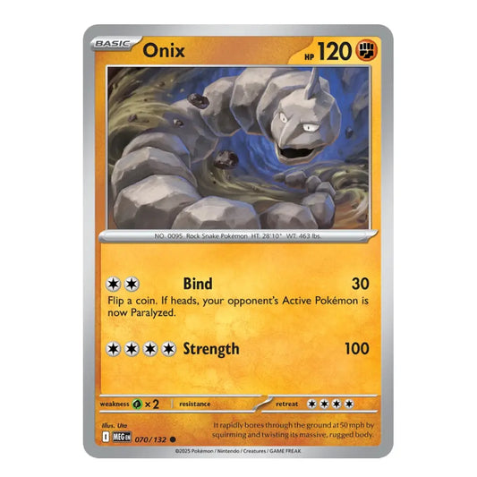 A single Pokémon trading card for Onix from the Basic set, shown against a plain white background. The card features Onix artwork in a rocky blue-gray landscape, with a gold-orange lower text area and silver border.