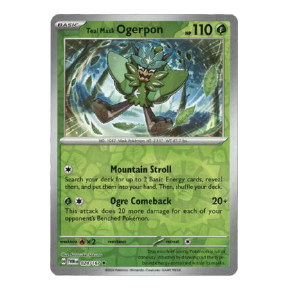 A single Pokémon trading card for Teal Mask Ogerpon from the Basic set, shown against a plain white background. The card features green artwork and text, with a silver border.