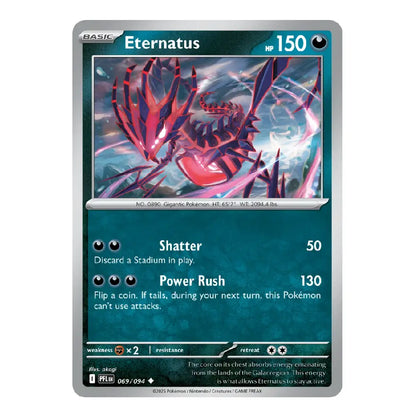 A single Pokémon trading card for Eternatus from the Basic Set, featuring artwork of the creature in a blue and pink icy environment, with the name Eternatus at the top and attack text below.