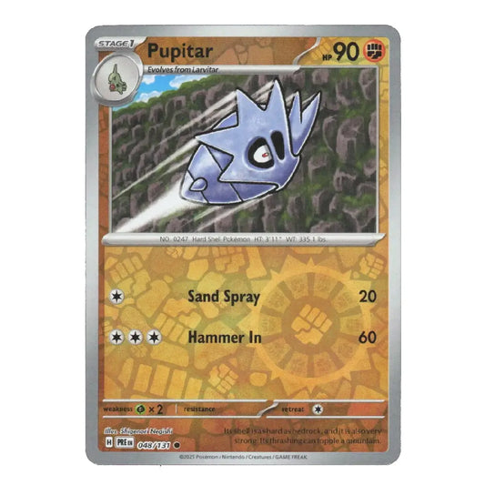 A single Pokémon trading card for the character Pupitar, shown against a plain white background. The card features artwork of a blue-gray pupitar with a white spray effect, set on a tan and brown battle-style background with the text 'Sand Spray 20' and 'Hammer In 60'.