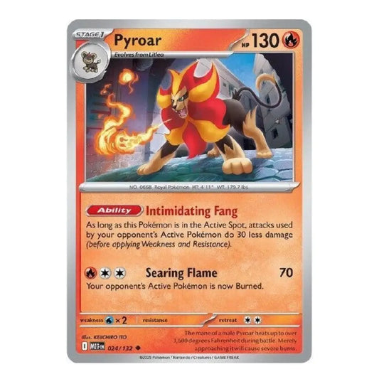 A single Pokémon trading card for Pyroar, shown against a plain white background. The card features Pyroar's artwork in the center, with orange and red text boxes and a gray border.