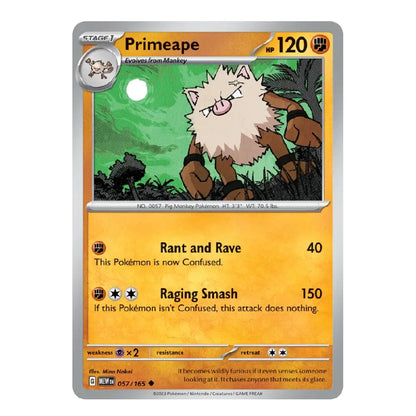 A single Pokémon trading card for Primeape from the Gold and Silver expansion, featuring a silver border, orange text boxes, and artwork of a fluffy brown-and-white primate on a green background.