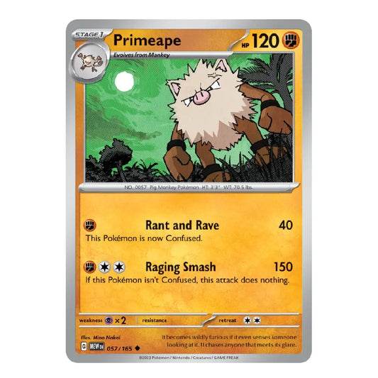 A single Pokémon trading card for Primeape from the Gold and Silver expansion, featuring a silver border, orange text boxes, and artwork of a fluffy brown-and-white primate on a green background.