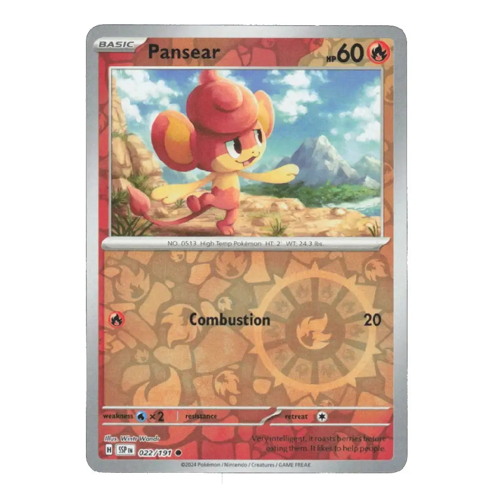 A Pansear Pokémon trading card from the Basic set, featuring artwork of the fire-type creature in a rocky outdoor scene. The card has a silver border and is photographed against a plain white background.