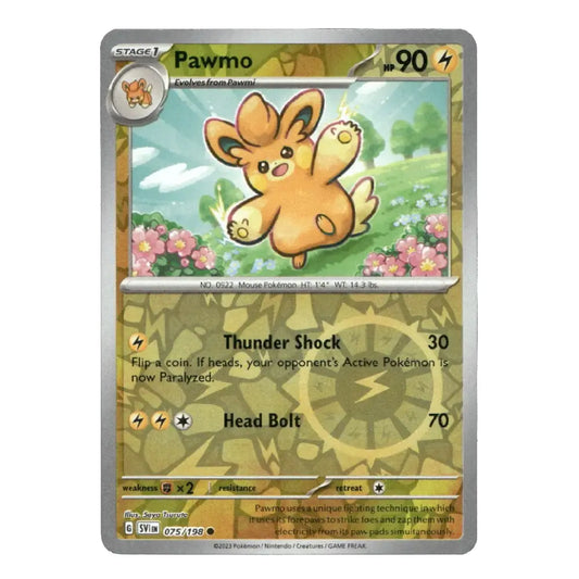 A single Pokémon trading card featuring the Stage 1 Pawmo card from the 2024 TCG Reveal. The card has a metallic silver border, a tan and green background, and an illustration of the Pawmo character in the center.