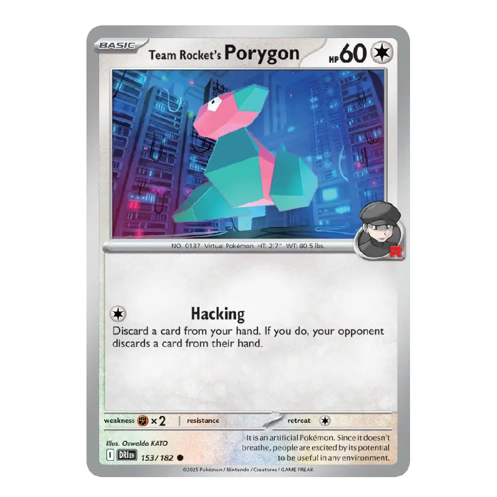 A single Pokémon trading card for Team Rocket's Porygon, shown against a plain white background. The card features a silver border, a colorful illustration of the pink and teal robot creature, and game text including 'Hacking' and 'Discard a card from your hand.