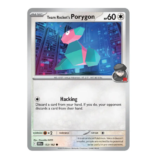 A single Pokémon trading card for Team Rocket's Porygon, shown against a plain white background. The card features a silver border, a colorful illustration of the pink and teal robot creature, and game text including 'Hacking' and 'Discard a card from your hand.