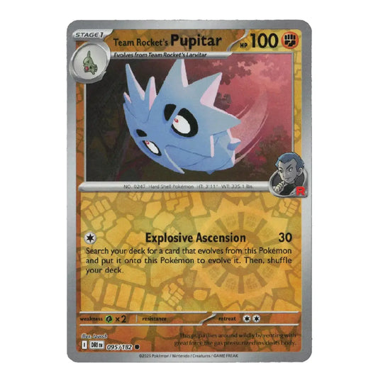 A single Pokémon trading card for Team Rocket's Pupitar, shown against a plain white background. The card features artwork of a blue, spiky creature with a red and black background, with yellow text boxes and a silver border.