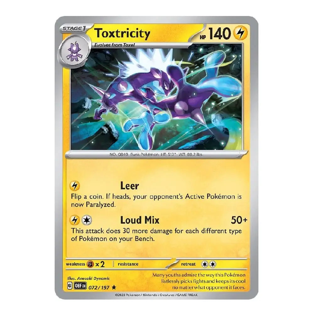A single Pokémon trading card for Toxtricity from the Arceus Arce Mountain set, featuring a yellow card face with artwork of a purple and blue dragon and game text details.