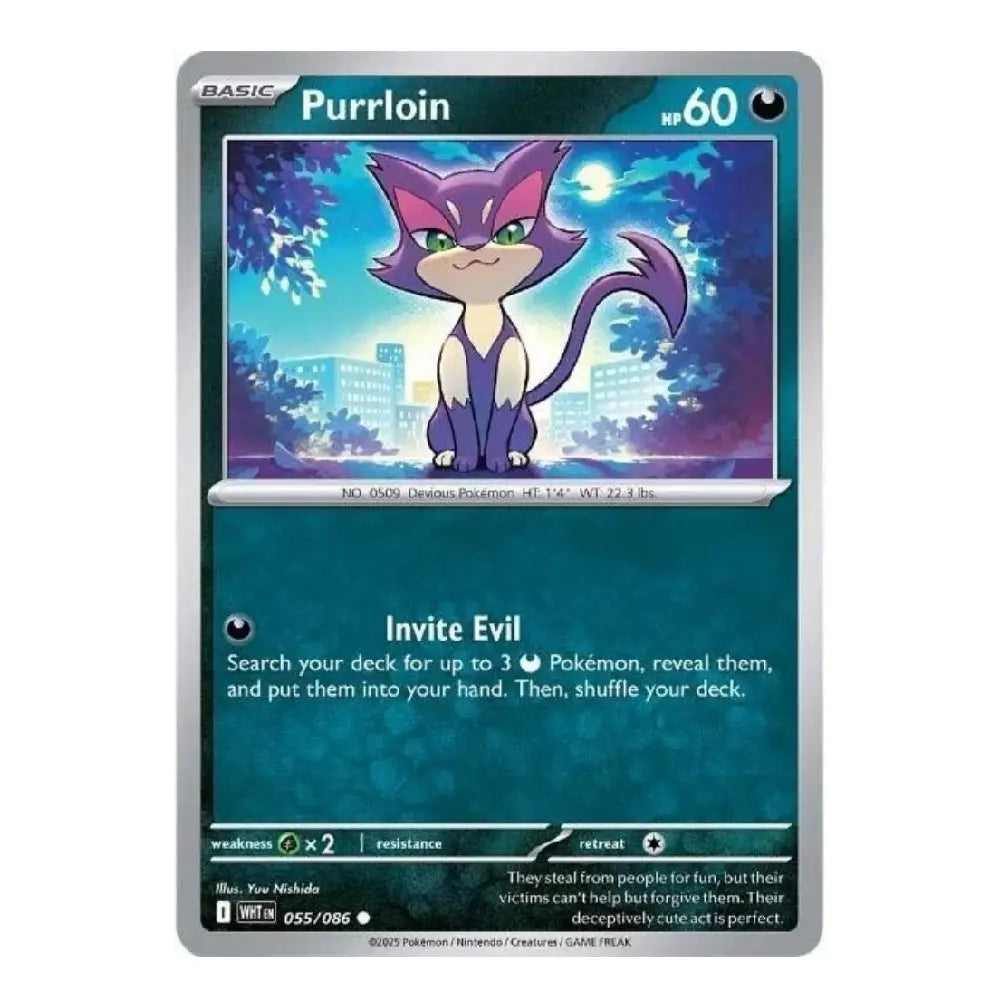 A single Pokémon trading card for Purrloin from the Basic set, shown against a plain white background. The card features artwork of a purple and cream cat-like creature in a blue nighttime city scene, with the name Purrloin at the top and card text below.