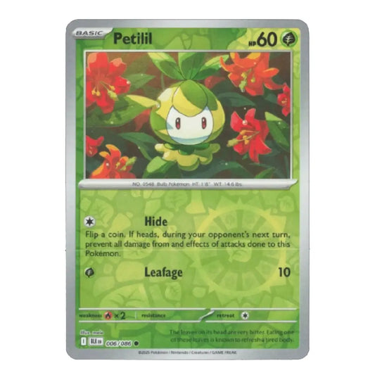 A single Pokémon trading card for Petilil from the Basic set, shown against a plain white background. The card features green artwork of the character among red flowers, with text boxes for actions and effects.