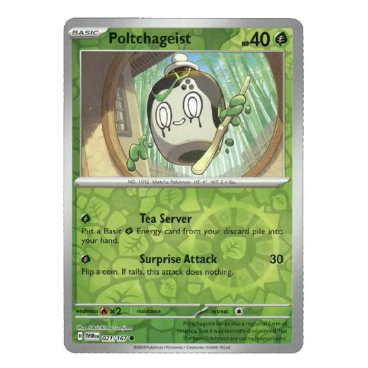A single Pokémon trading card for Poltchageist from the Basic Set, shown against a plain white background. The card features green artwork with the character holding a ladle and has visible Pokémon branding and card text.