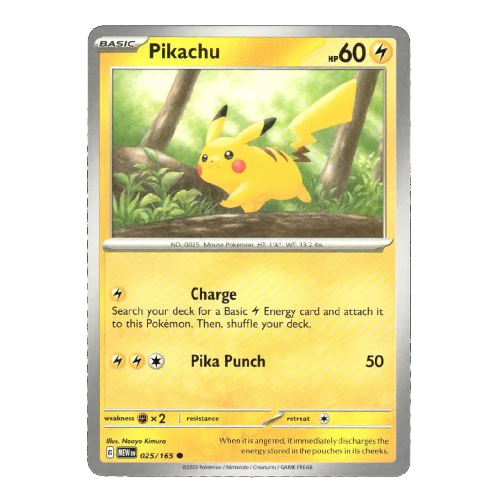 A single Pokémon trading card featuring Pikachu, with a yellow and gold card face, silver border, and printed game text including 'Pikachu', 'hp 60', and 'Charge' and 'Pika Punch 50'.