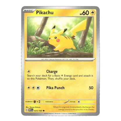 A single Pokémon trading card featuring Pikachu, with a yellow and gold card face, silver border, and printed game text including 'Pikachu', 'hp 60', and 'Charge' and 'Pika Punch 50'.