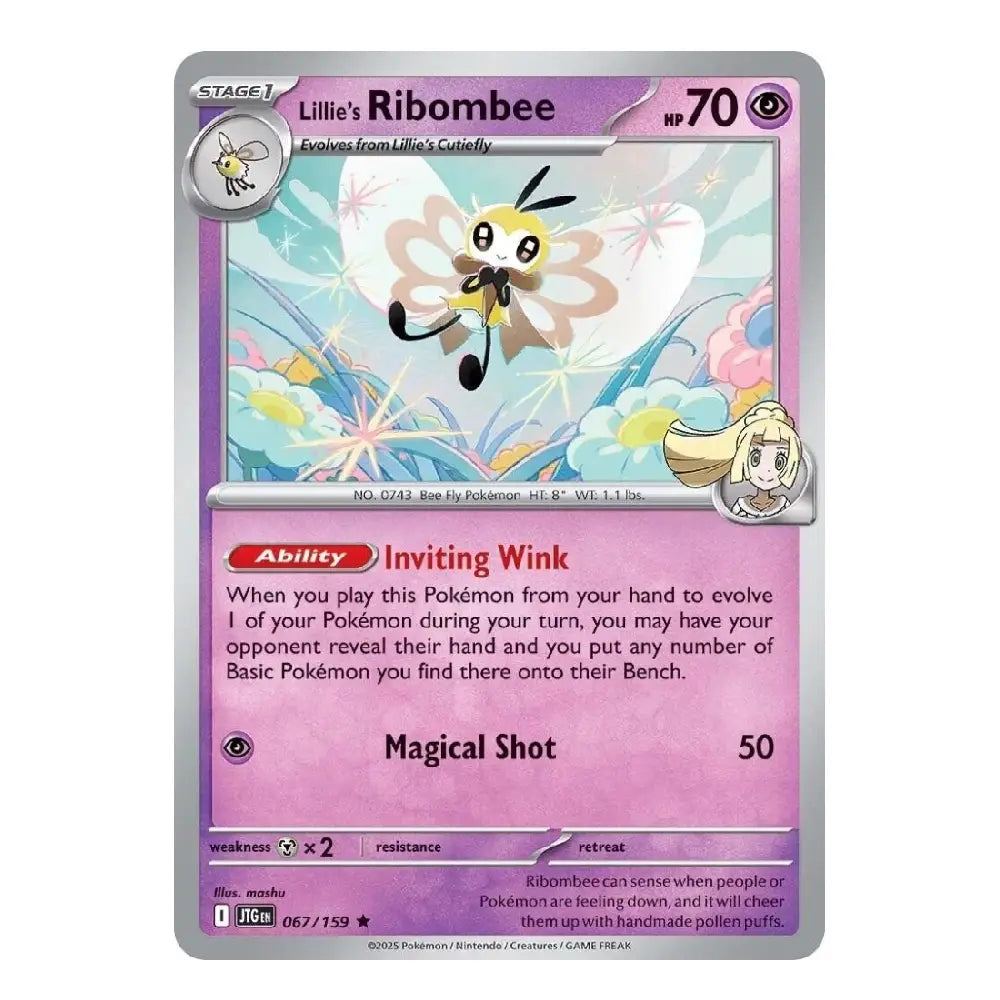 A single Pokémon trading card for Lilée's Ribombee, shown flat against a plain white background. The card has a silver border, a pink and purple text area, and colorful artwork of the ribombee character in the center.