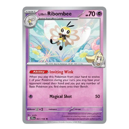 A single Pokémon trading card for Lilée's Ribombee, shown flat against a plain white background. The card has a silver border, a pink and purple text area, and colorful artwork of the ribombee character in the center.