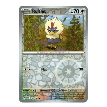 A single Pokémon trading card for Rufflet from the Basic set, shown against a plain white background. The card features artwork of a small bird with white and yellow feathers, blue eyes, and a purple chest, with game text including 'Rufflet', '70', 'Flap', and '30'.