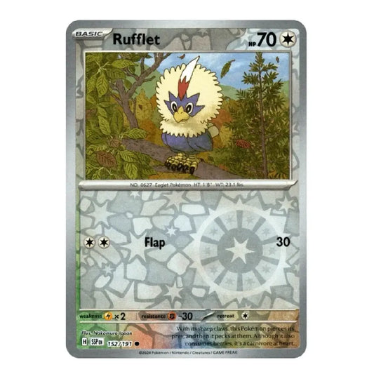 A single Pokémon trading card for Rufflet from the Basic set, shown against a plain white background. The card features artwork of a small bird with white and yellow feathers, blue eyes, and a purple chest, with game text including 'Rufflet', '70', 'Flap', and '30'.