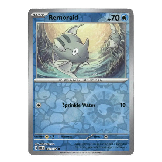 A single Pokémon trading card for Remoraid from the Basic set, shown against a plain white background. The card features a blue water-themed design with an illustration of the gray Pokémon in the center and the text 'Remoraid' and 'Sprinkle Water'.