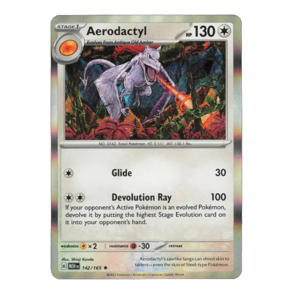 A single Pokémon trading card for Aerodactyl, shown against a plain white background. The card features artwork of the Pokémon in a jungle scene with orange fire-like energy, and text showing Stage 1, 130 HP, and move details.