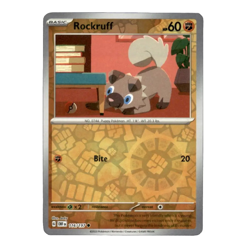 A single Pokémon trading card for Rockruff from the Basic set, shown against a plain white background. The card features artwork of the Rockruff character and game text including 'Bite 20'.