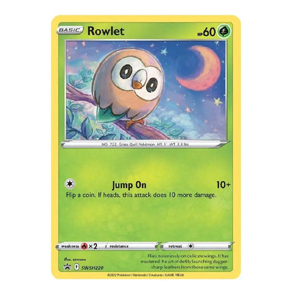 A single Pokémon trading card for Rowlet from the Basic set, shown against a plain white background. The card has a yellow border, green-to-yellow gradient lower half, and artwork of an owl-like bird under a crescent moon.