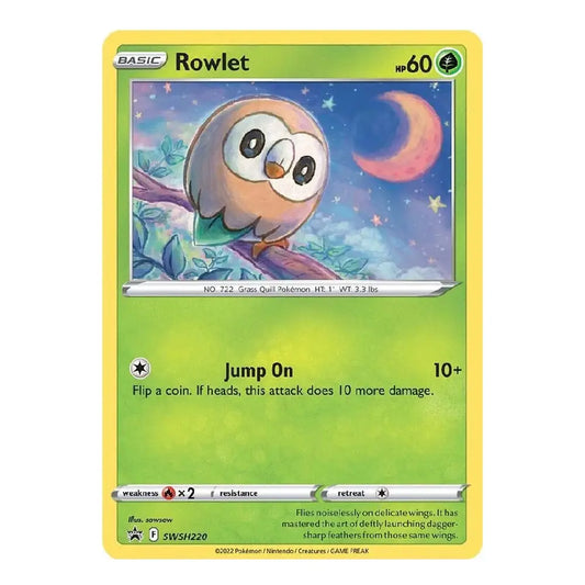 A single Pokémon trading card for Rowlet from the Basic set, shown against a plain white background. The card has a yellow border, green-to-yellow gradient lower half, and artwork of an owl-like bird under a crescent moon.