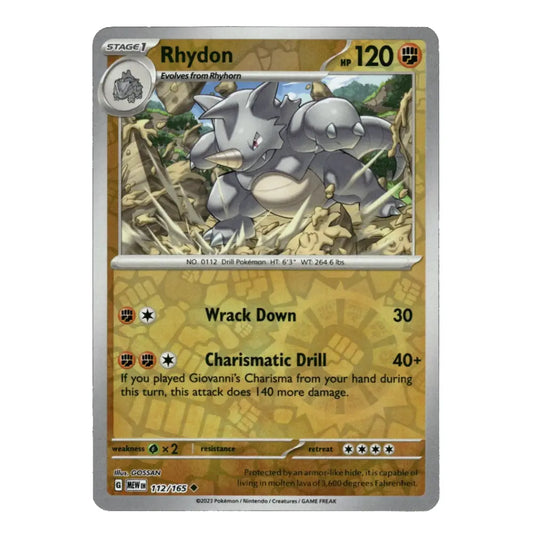 A single Pokémon trading card for Rhydon, shown against a plain white background. The card features a gray creature illustration, gold and brown gradient text panels, and visible Pokémon branding at the bottom.