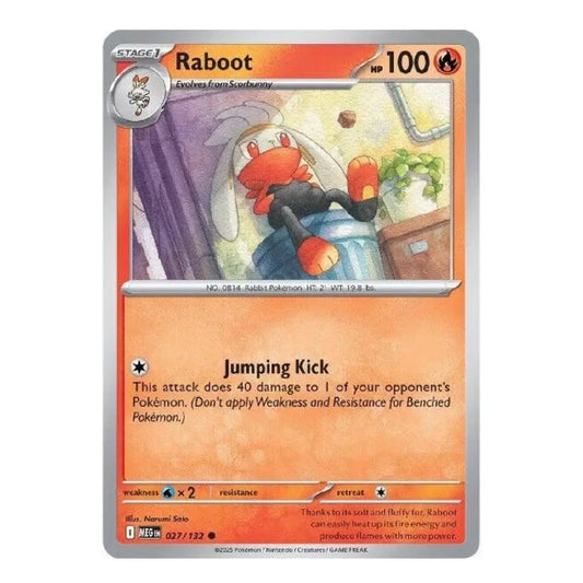 A single Pokémon trading card for Raboot, shown against a plain white background. The card features Raboot's artwork in the upper illustration panel, orange and peach color grading, and text including 'Jumping Kick' and 'HP 100'.