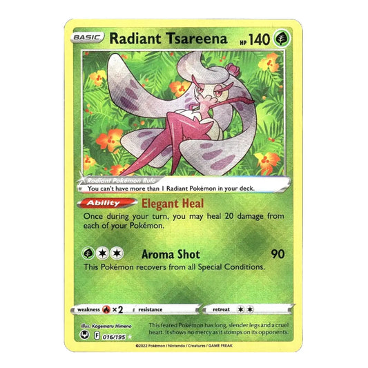 A single Pokémon trading card for Radiant Tsareena from the Basic Set, featuring a yellow border, green lower half, and artwork of the character in the center.