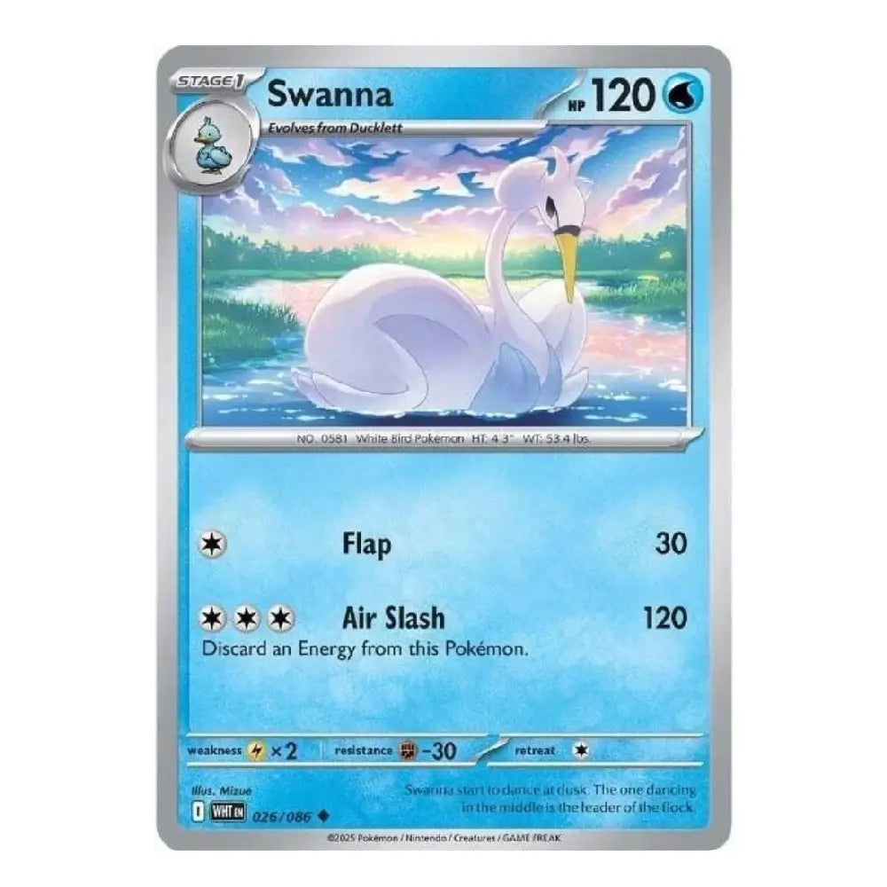 A single Pokémon trading card for Swanna from the White Skies expansion, shown against a plain white background. The card features a silver border, a blue sky-themed background, and artwork of a white swan in a lake under a colorful sky.