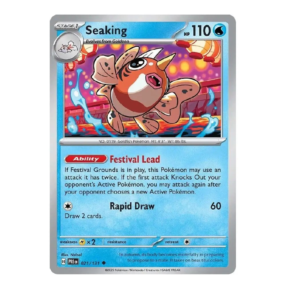 A single Pokémon trading card for Seaking, shown flat against a plain white background. The card has a silver border, a blue lower text area, and artwork of the Seaking character in the center.