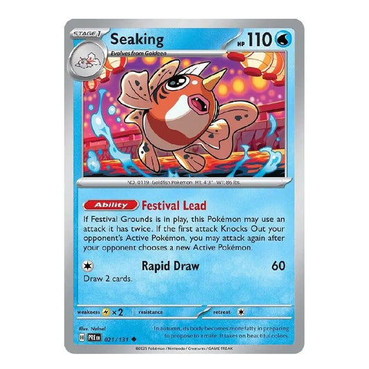A single Pokémon trading card for Seaking, shown flat against a plain white background. The card has a silver border, a blue lower text area, and artwork of the Seaking character in the center.